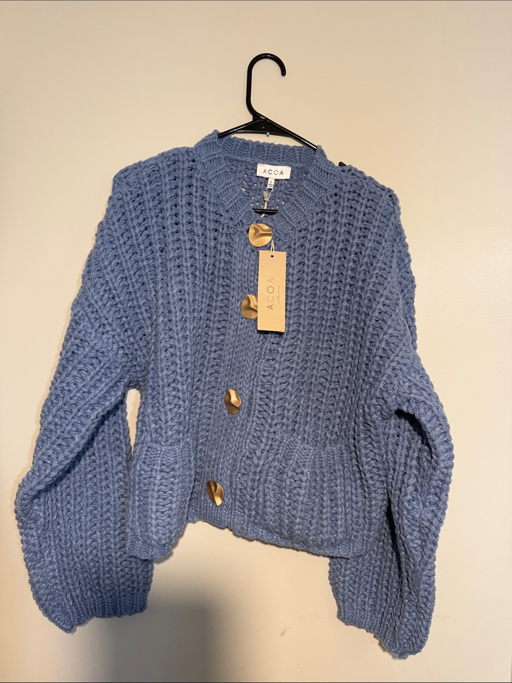 ACOA Petite Blue Chunky Knit Cardigan with Statement Buttons